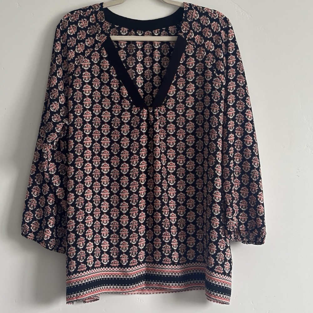 NYDJ Womens L Blouse 3/4 Sleeve Geometric Office Career Comfort Flowy